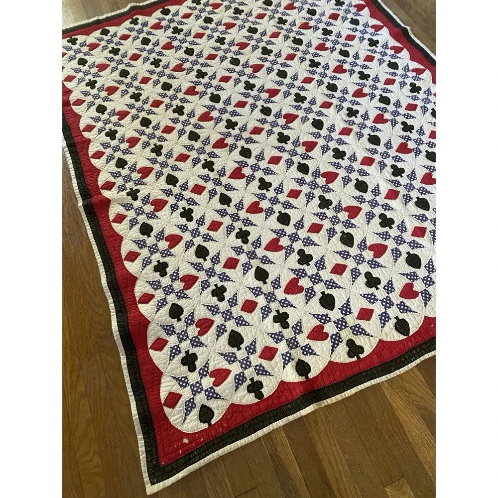 Vintage 1930s Quilt Western Texas Poker Polka Dots Folk Art Playing Cards 75x60